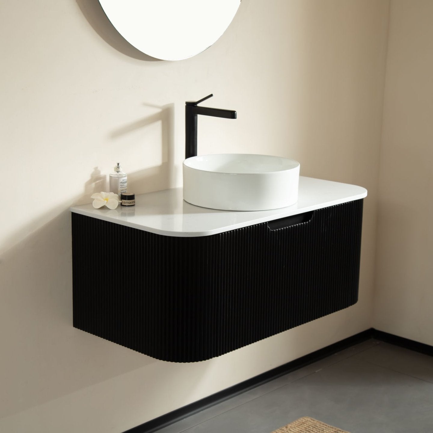 DINA Bathroom Vanity with Sink, Modern Wall-Mounted Floating Curved Edges Stripe