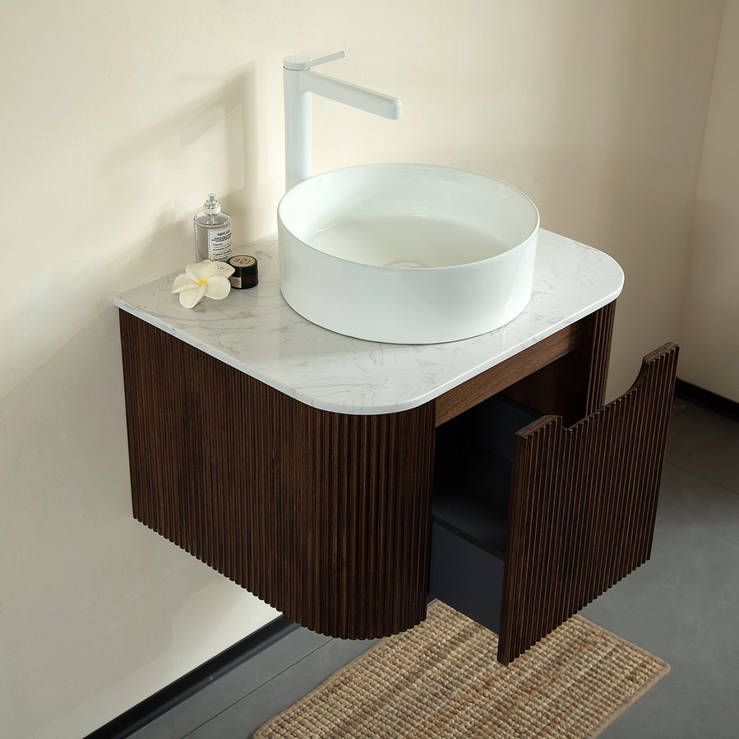 DINA Bathroom Vanity with Sink, Modern Wall-Mounted Floating Curved Edges Stripe